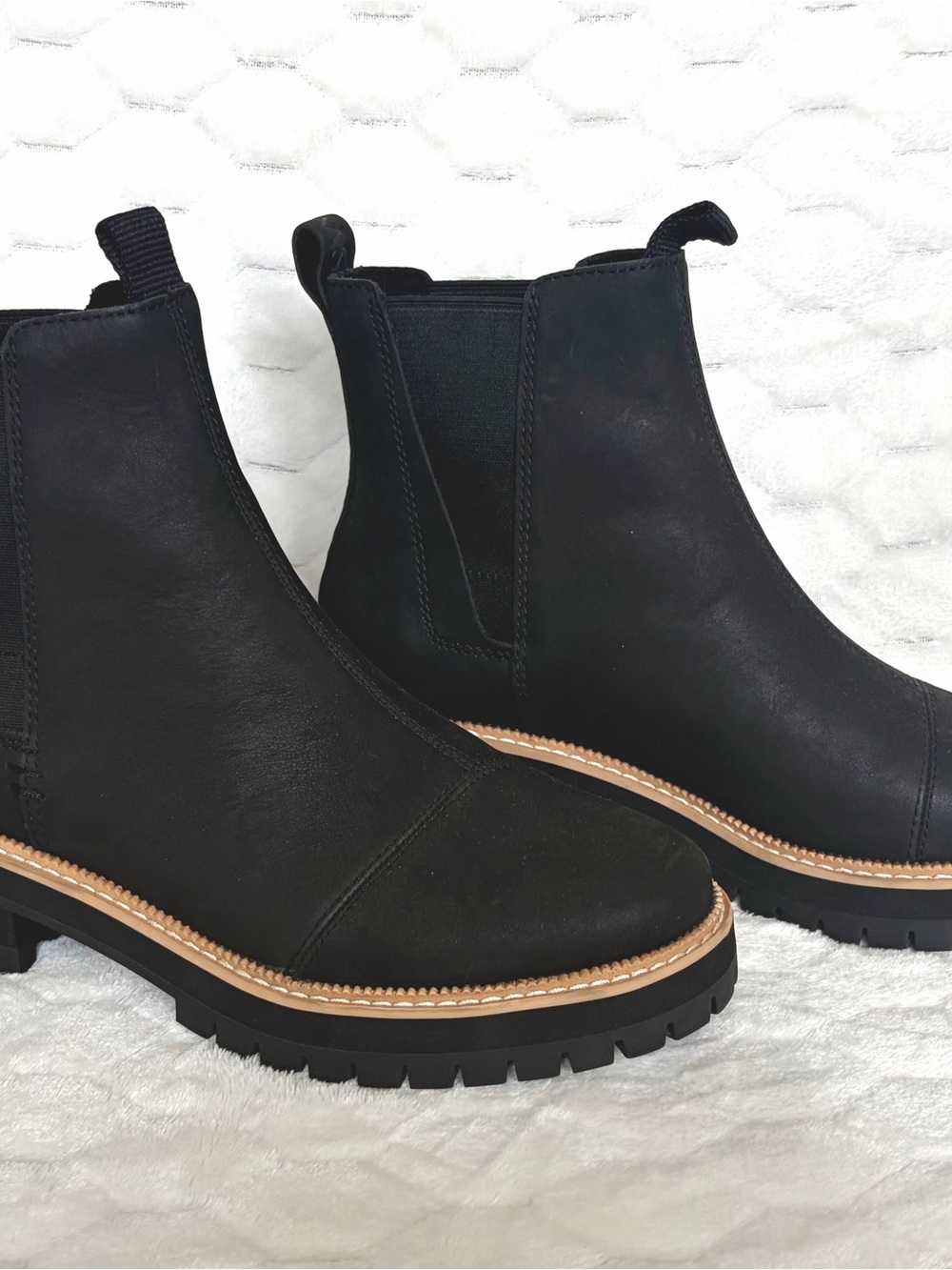Toms Black Chelsea Lug Booties with Tan Welt